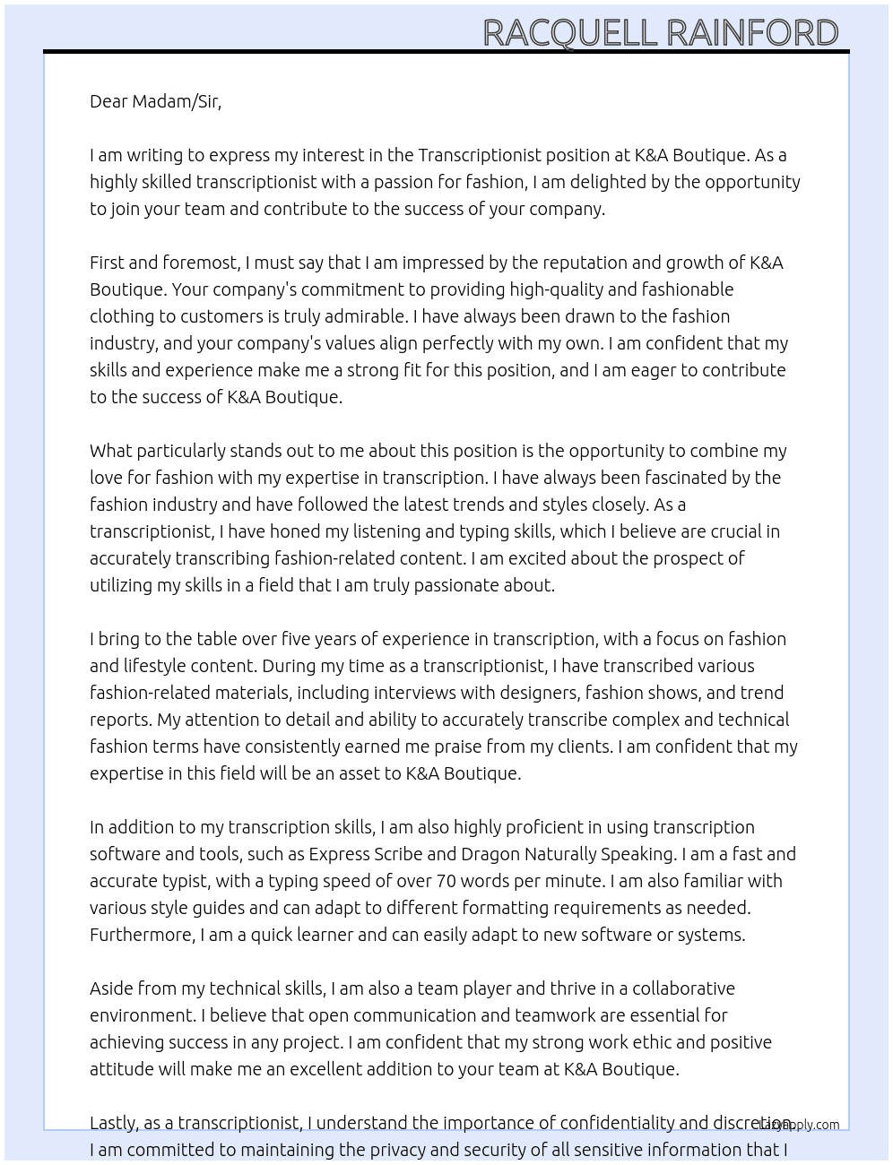 Transcriptionist  At K&A Boutique  Cover Letter