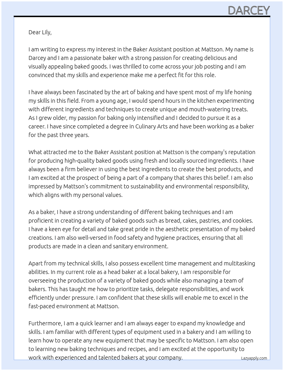 Baker assistant At Mattson Cover Letter