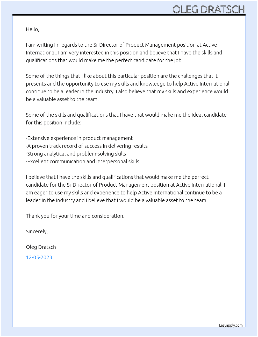 Sr Director of Product Management At Active International Cover Letter