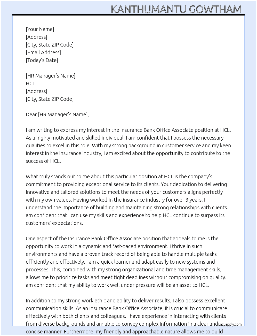 Cover letter for insurance bank office associate - LazyApply