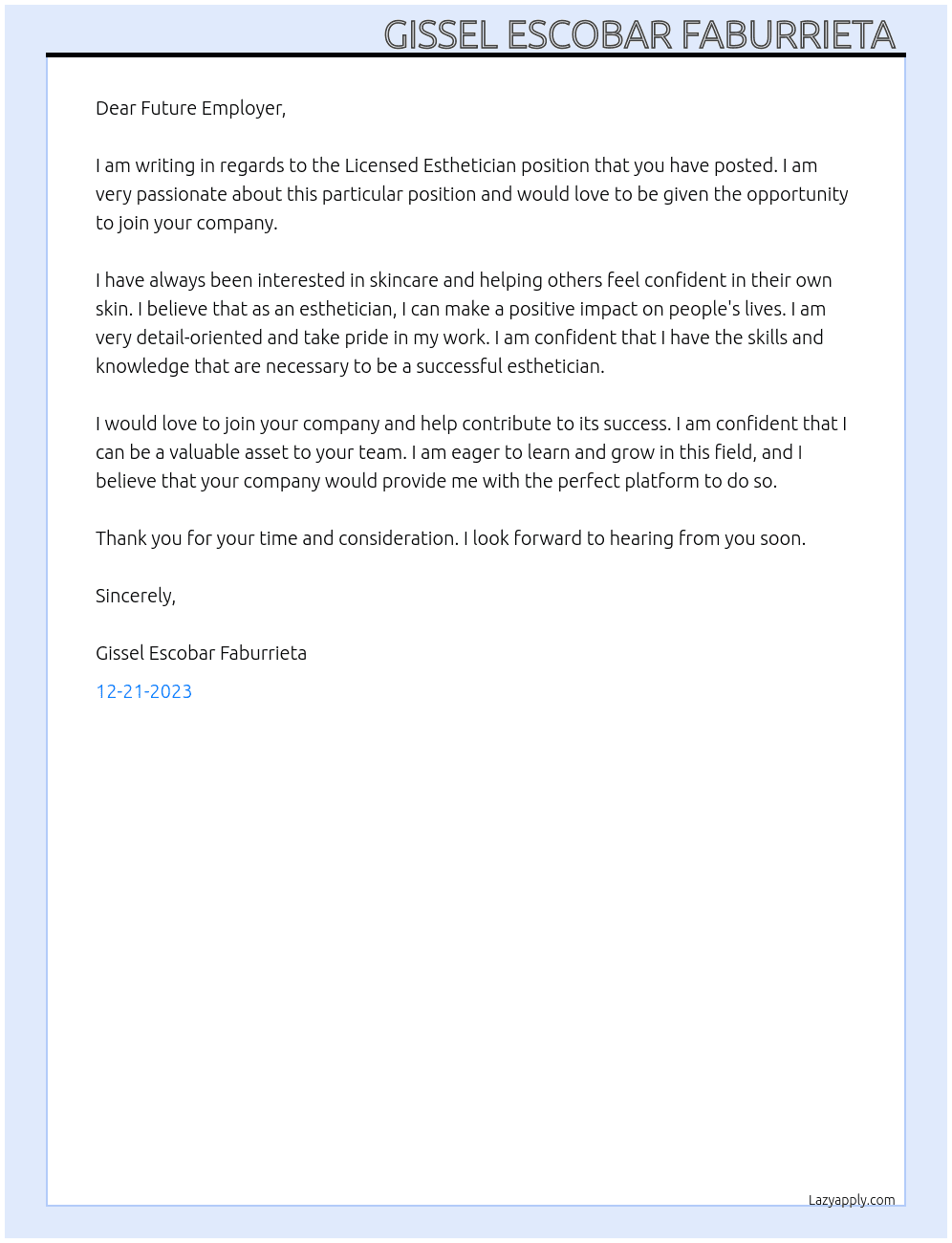 Licensed Esthetician  At Future Employer Cover Letter