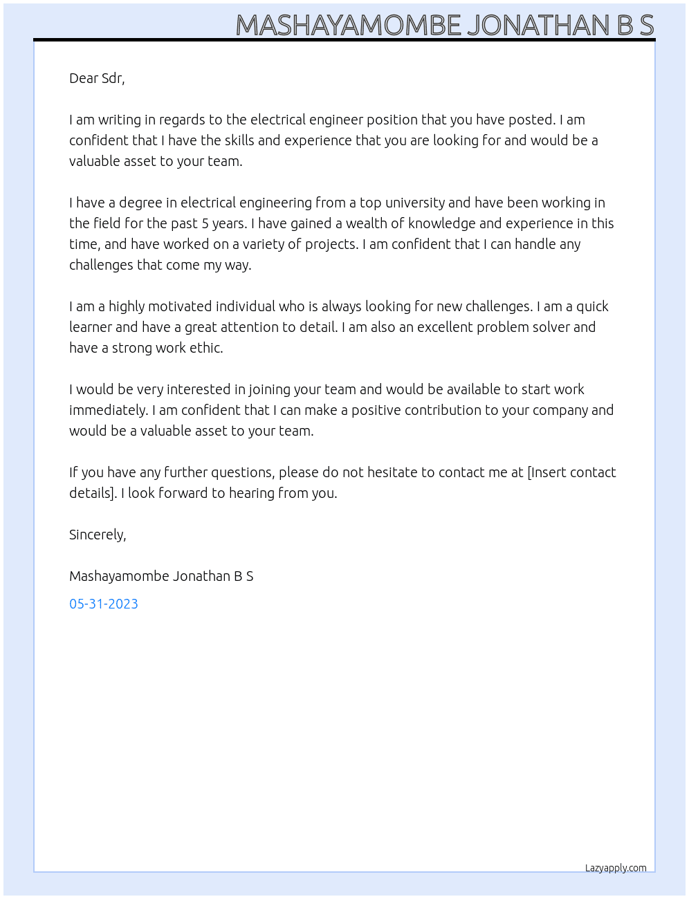 electrical engineer At mine Cover Letter