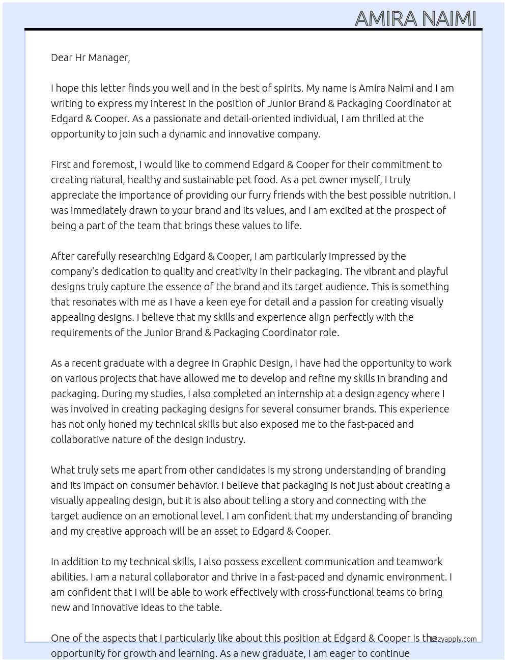 Junior Brand & Packaging Coordinator At Edgard & Cooper Cover Letter