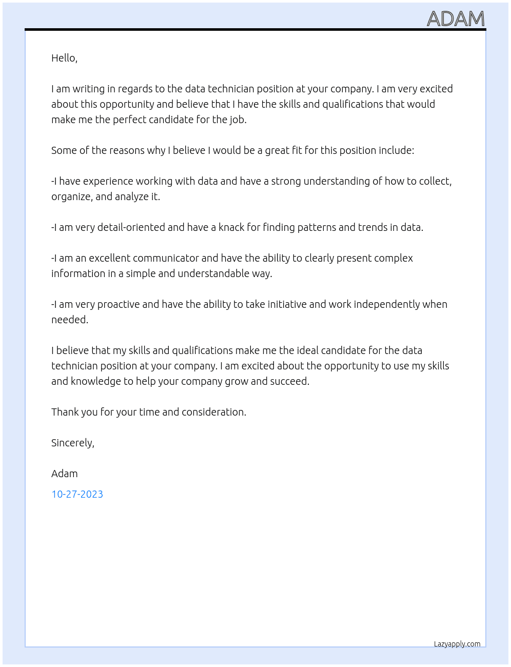 data technician At unknon Cover Letter