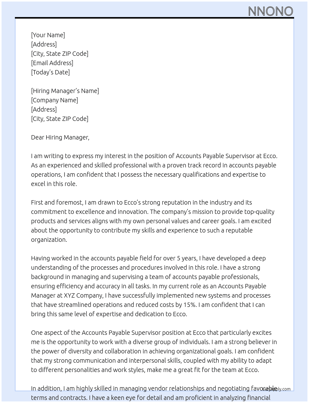 Accounts Payable Supervisor  At Ecco Cover Letter