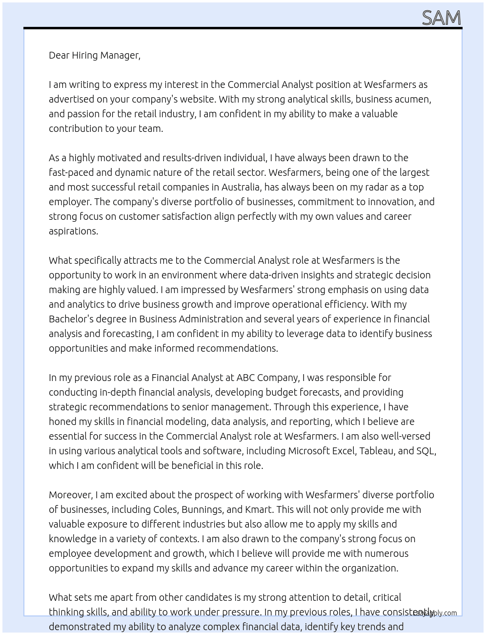 Commercial Analyst At Wesfarmers Cover Letter