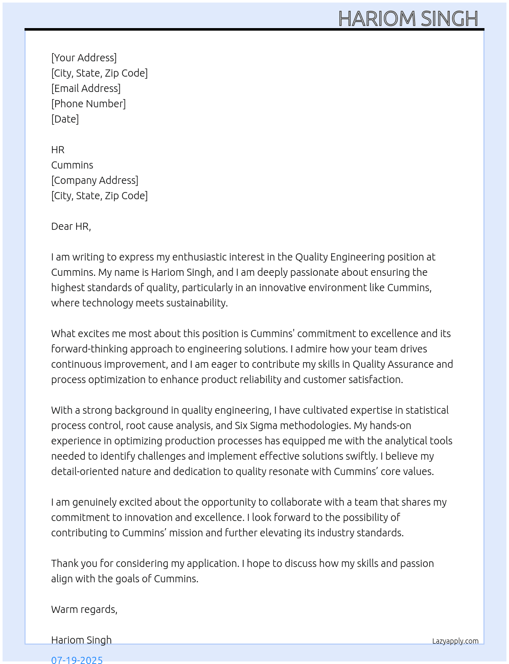 Quality engineering  At Cummins  Cover Letter