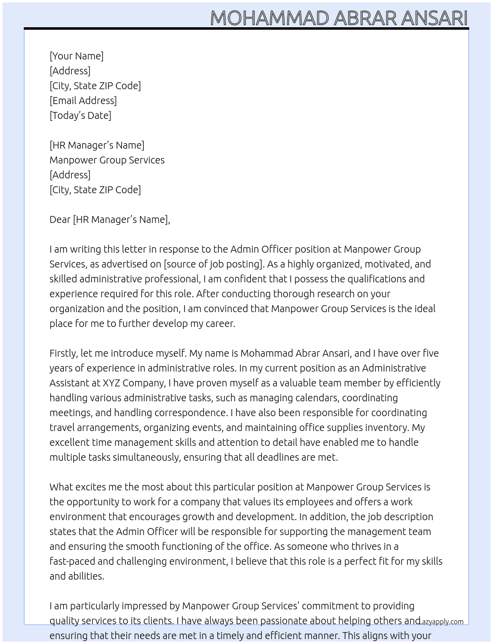 Admin Officer At Manpower Group services Cover Letter