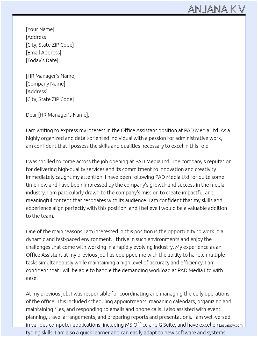 OFFICE ASSISTANT At PAD MEDIA LTD Cover Letter