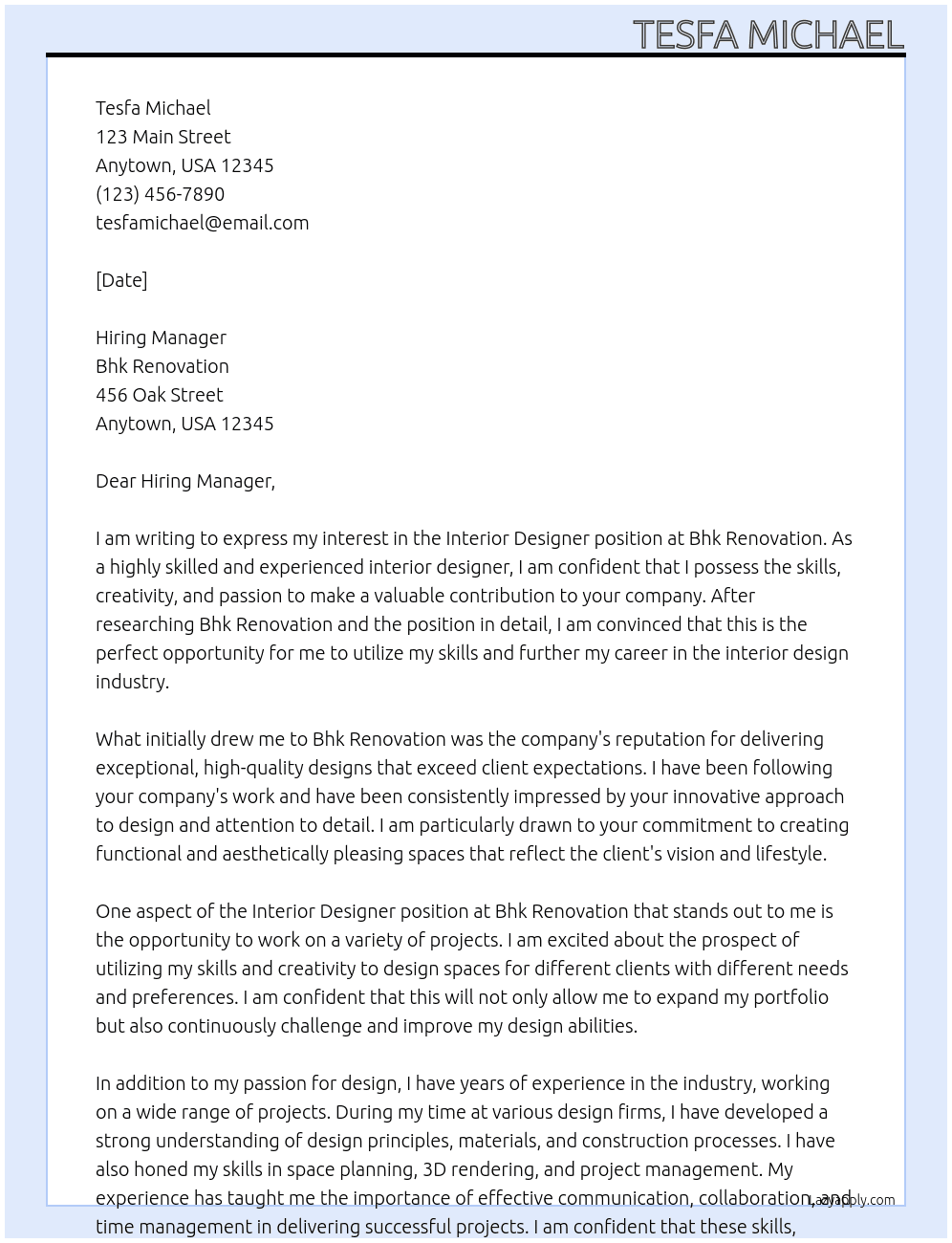Interior designer At Bhk rennovation Cover Letter