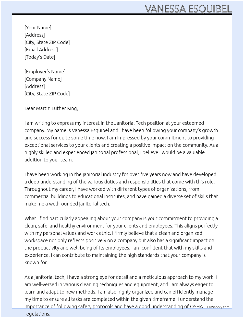 Janitorial Tech At Martian Luther king Cover Letter
