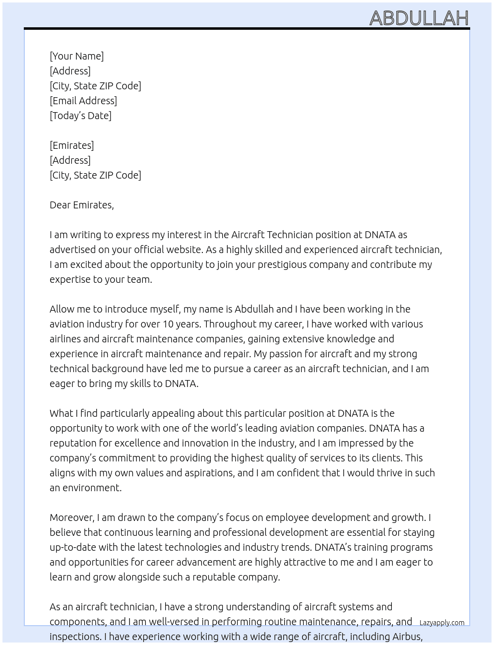 AIRCRAFT  TECHNICIAN At DNATA Cover Letter