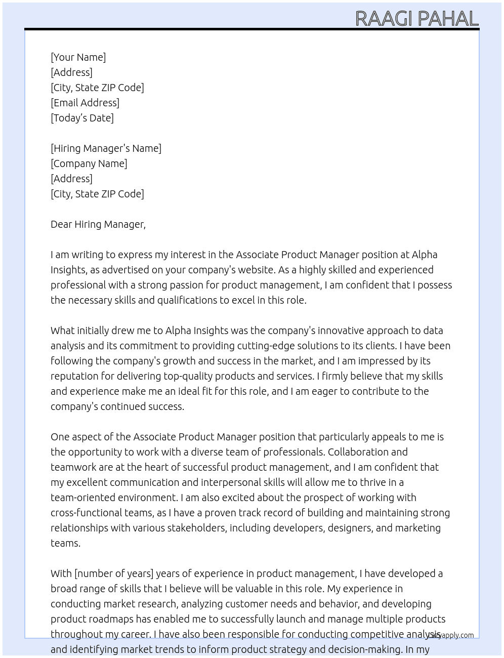 Associate Product Manager At Alpha Insights  Cover Letter