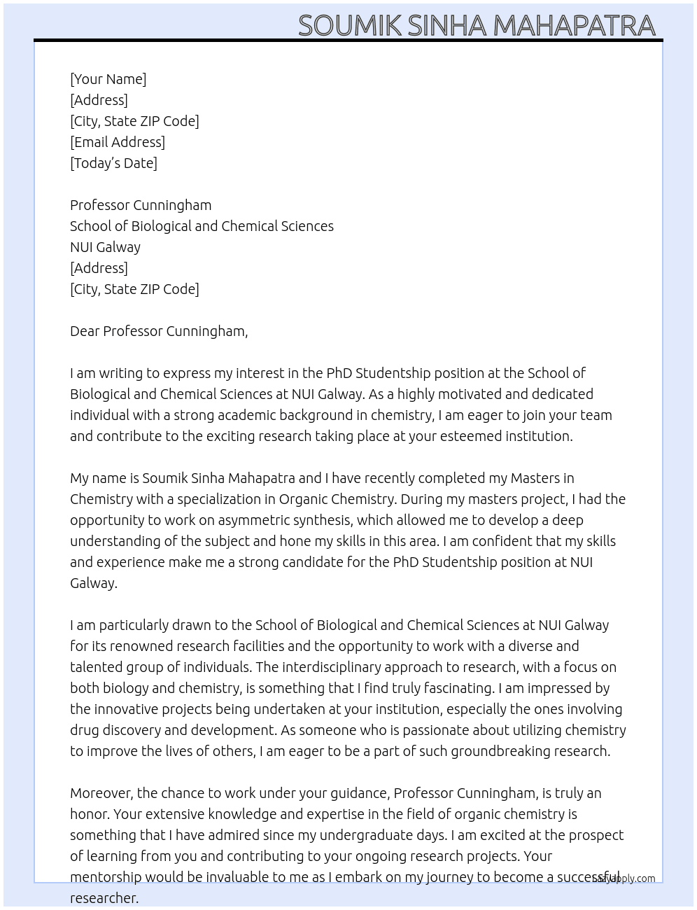 PhD Studentship  At School of Biological and Chemical Sciences NUI Galway Cover Letter
