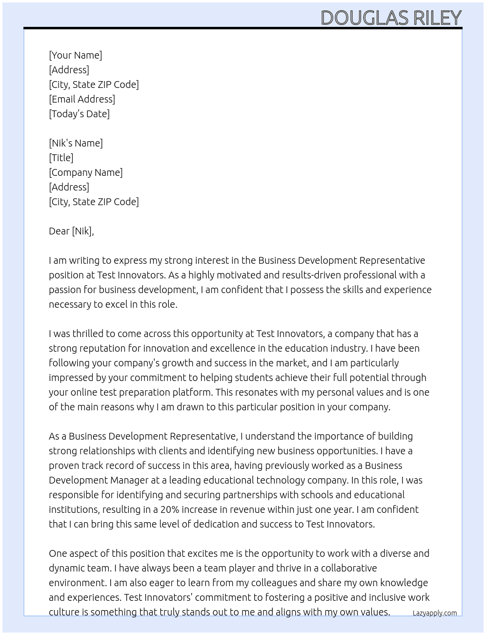 Business Development Representative At Test Innovators Cover Letter