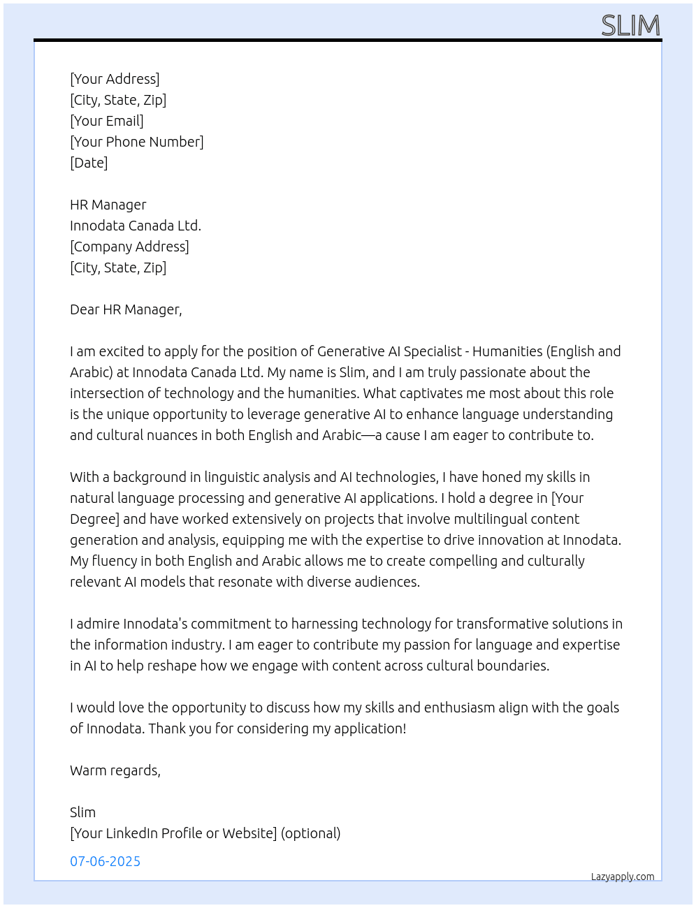 Generative AI Specialist - Humanities (English and Arabic) At Innodata Canada Ltd. Cover Letter