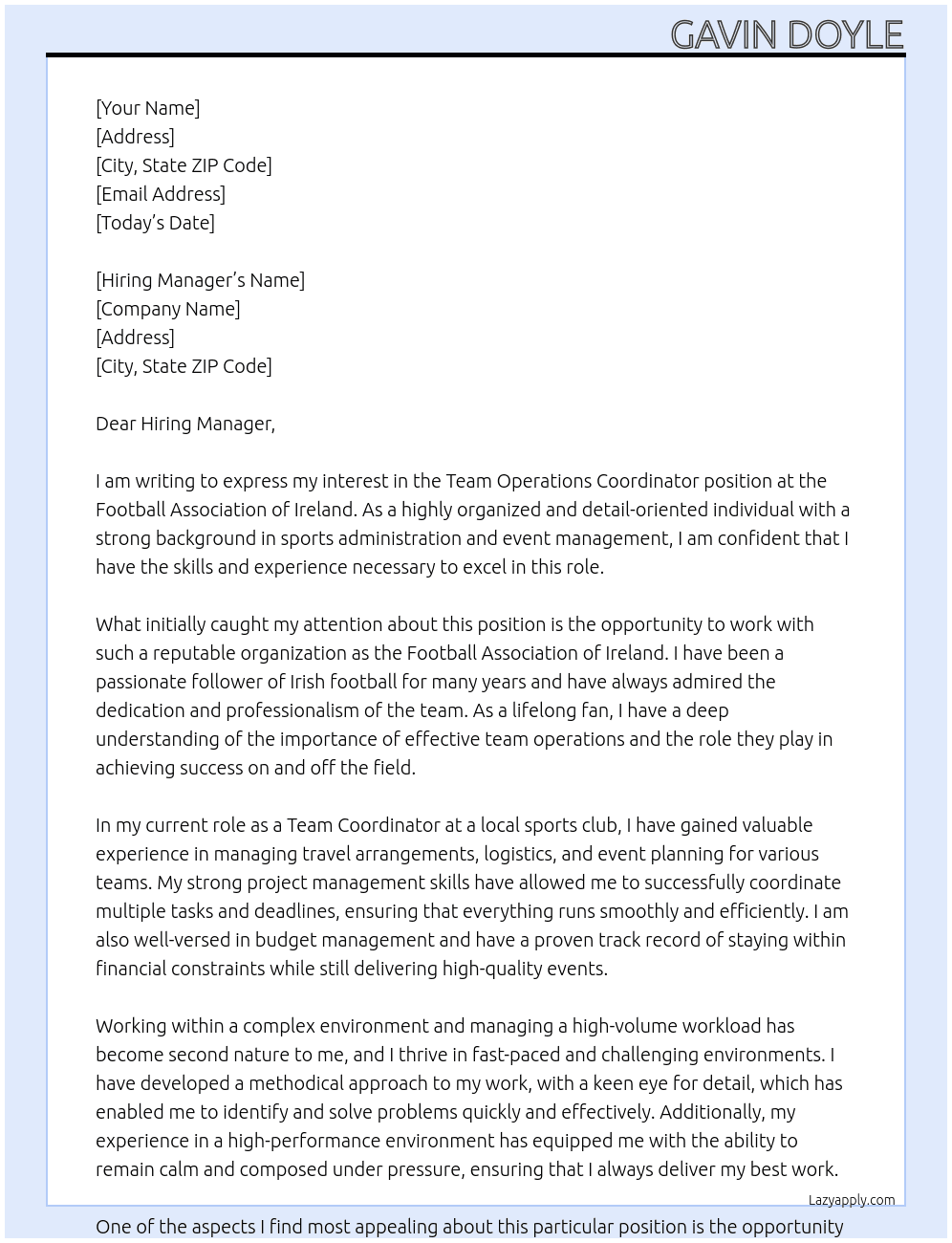 Team Operations Coordinator  At Football Association of Ireland  Cover Letter