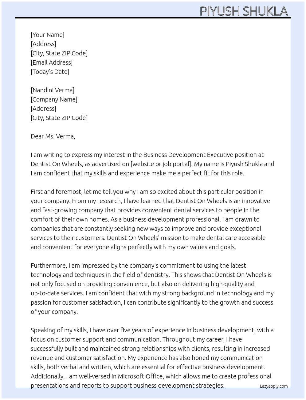 Business Development Executive  At Dentist On Wheels Cover Letter
