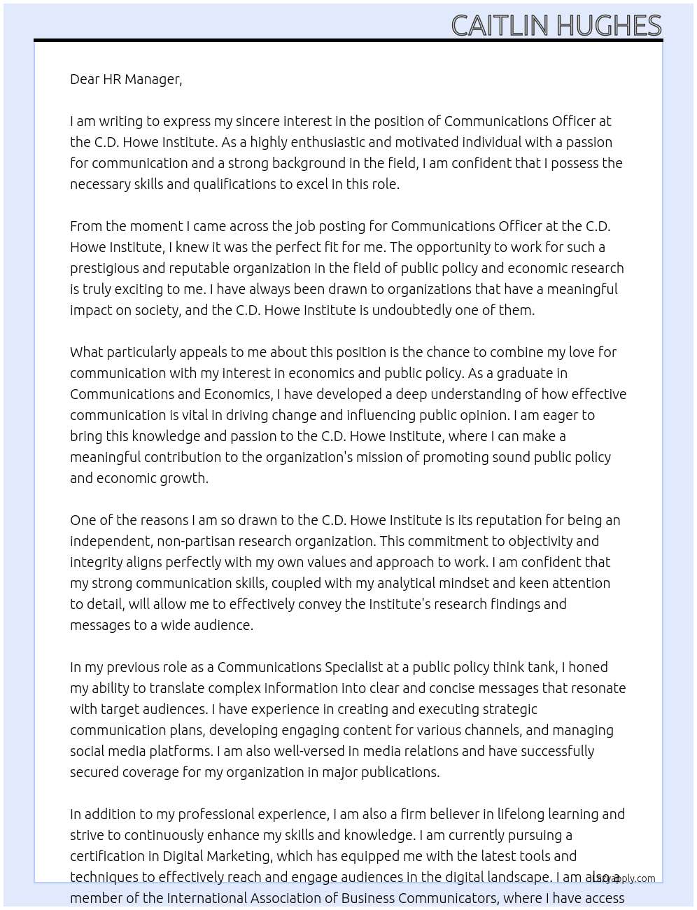 Communications Officer At C.D. Howe Institute Cover Letter