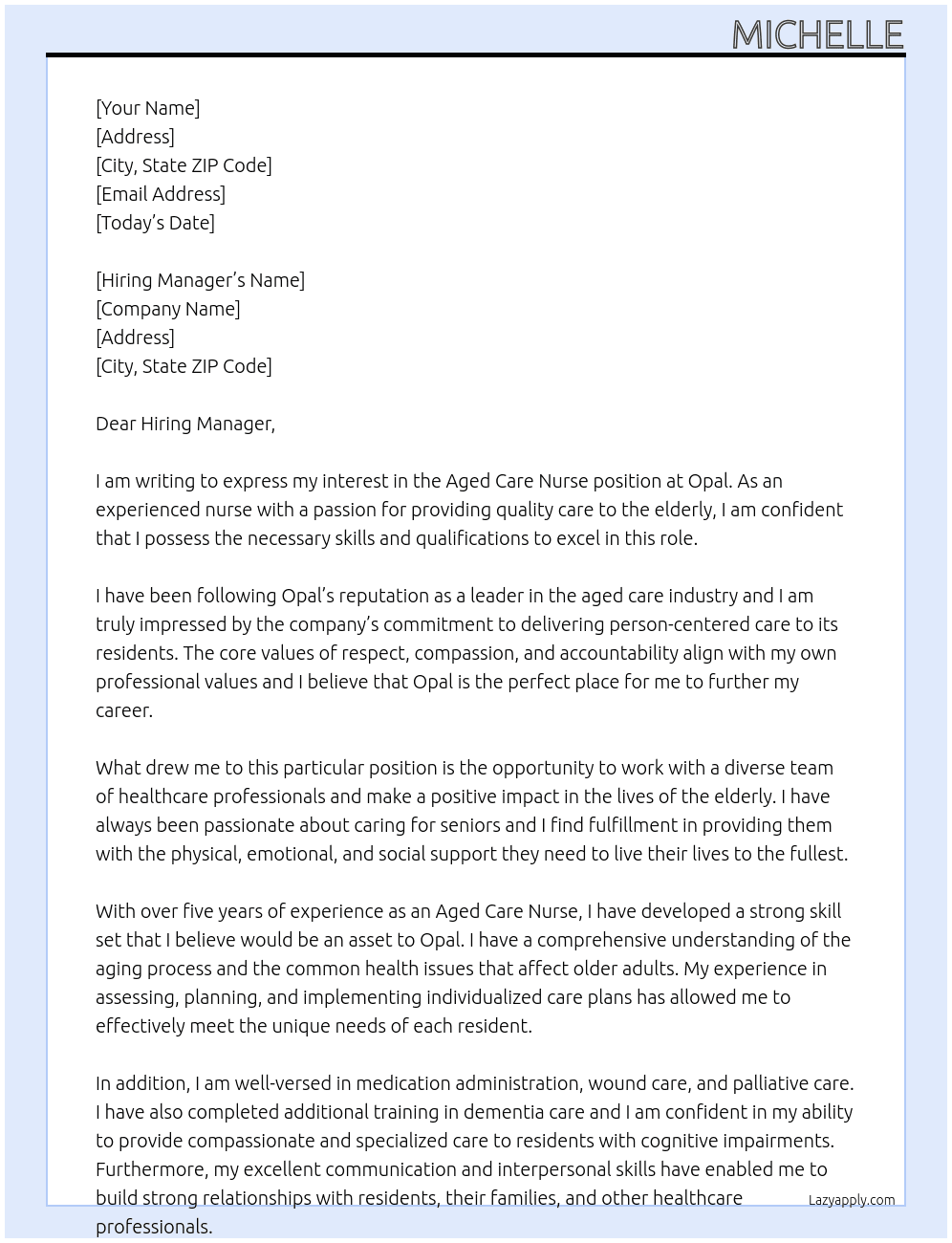 Aged Care Nurse At Opal  Cover Letter