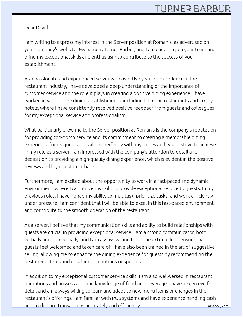 Server At Roman's Cover Letter