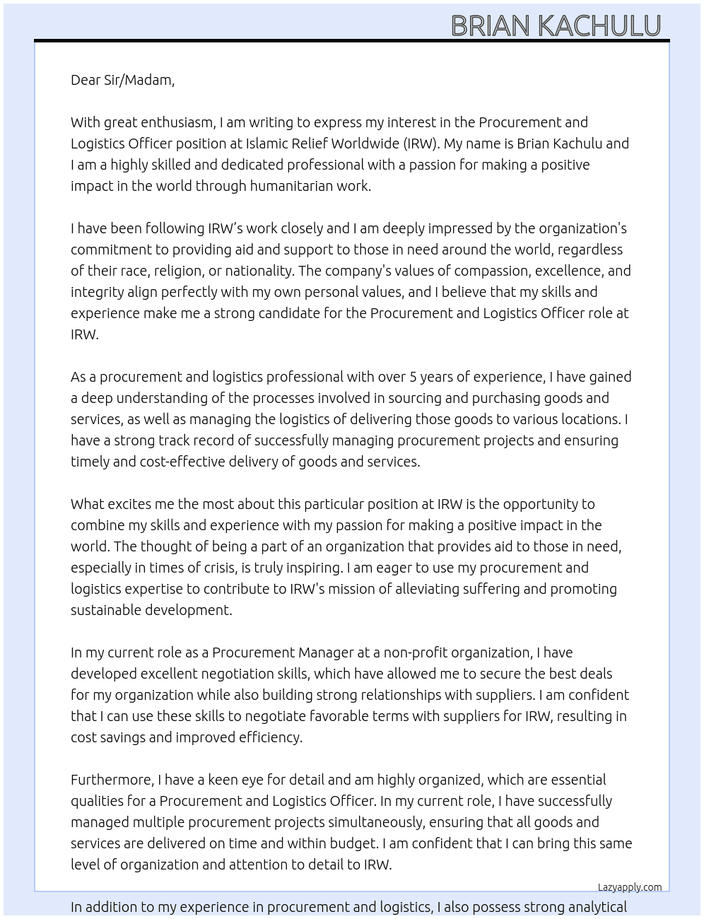 PROCUREMENT AND LOGISTICS OFFICER At Islamic Relief Worldwide (IRW) Cover Letter