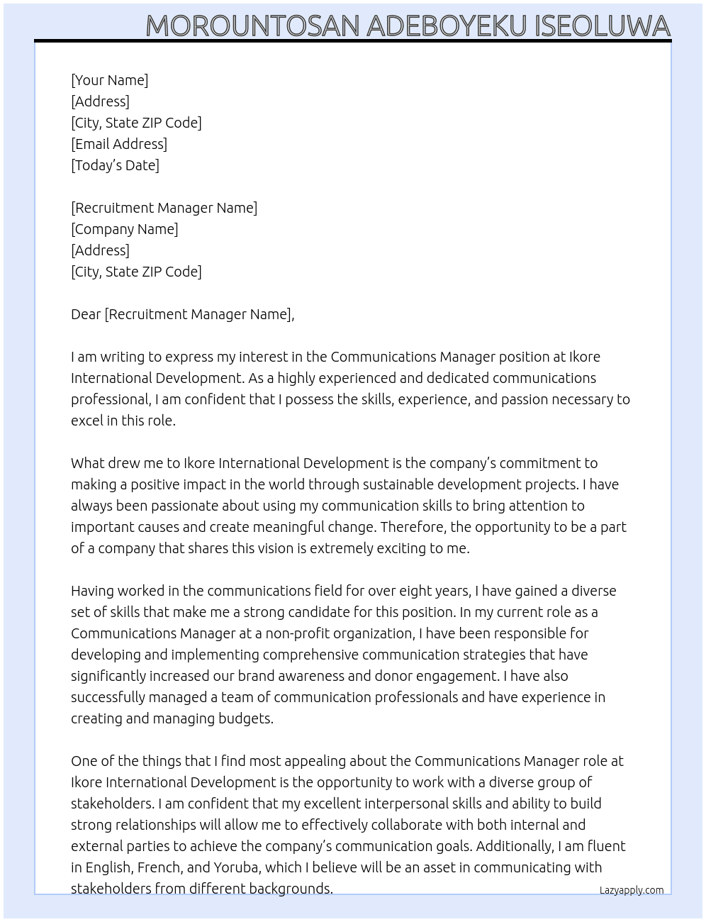 Communications Manager At Ikore International Development Cover Letter