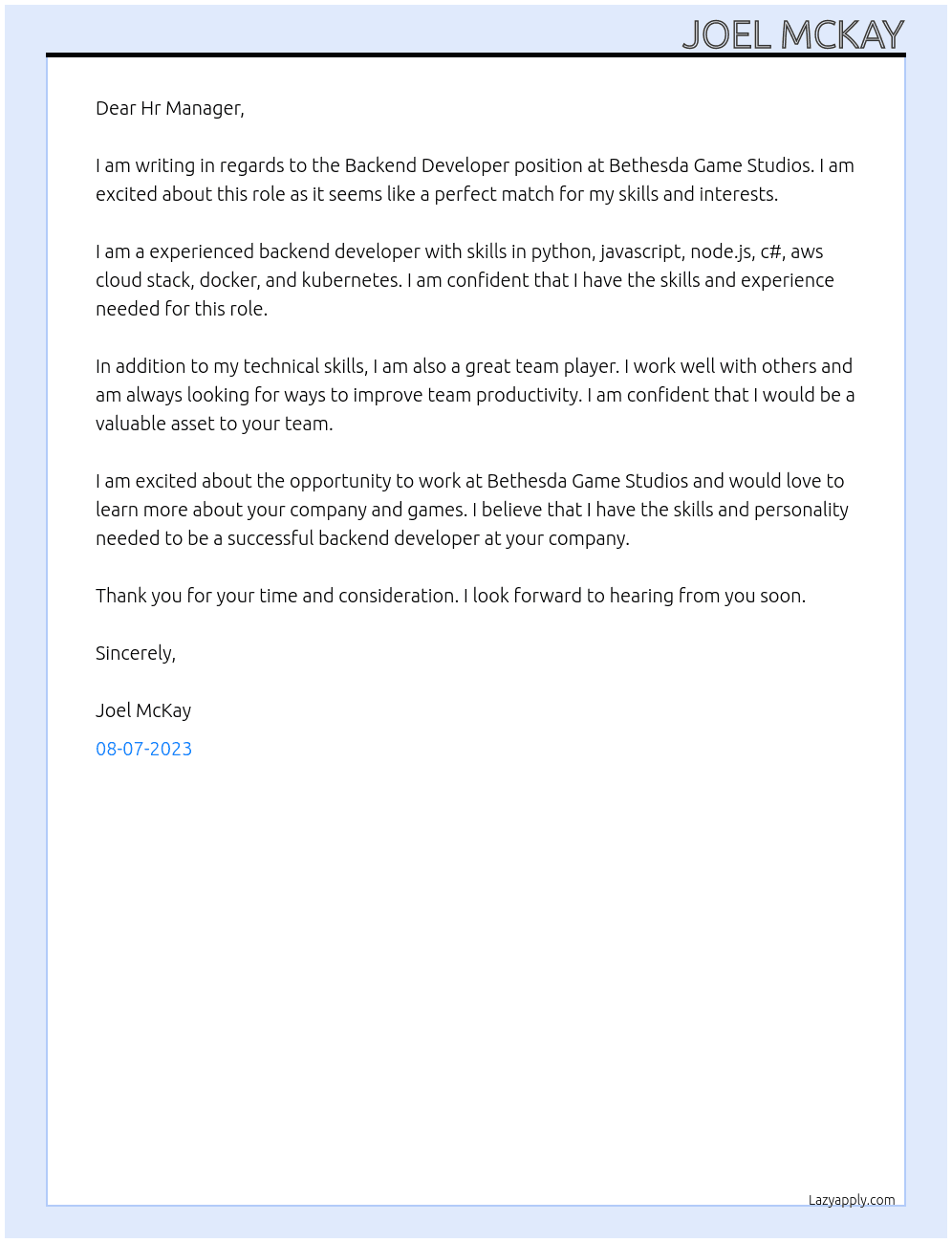 Backend Developer At Bethesda Game Studios Cover Letter