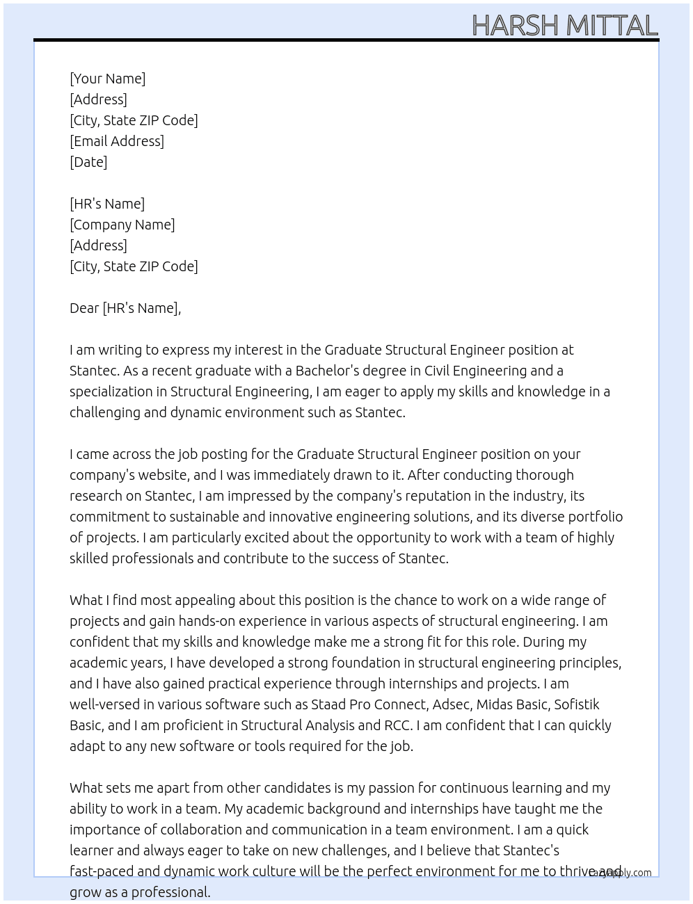 Graduate Structural Engineer At Stantec Cover Letter
