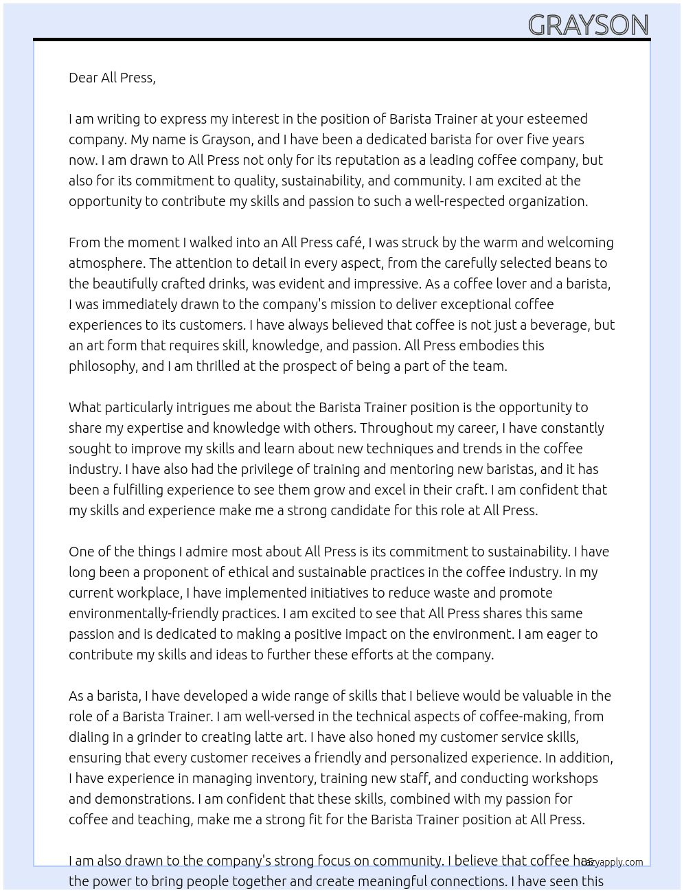 Barista trainer At All press Cover Letter