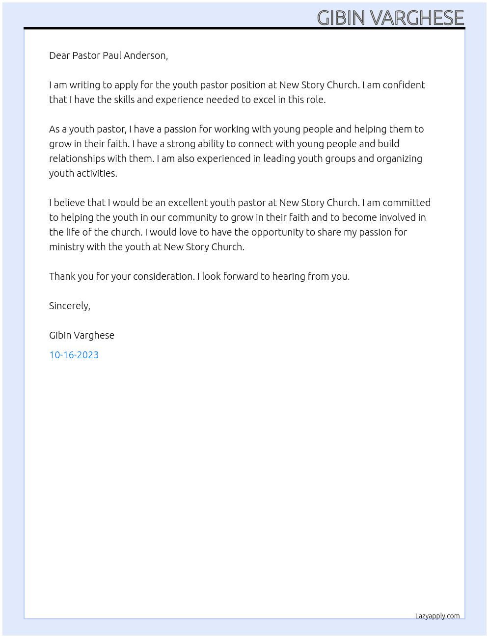 Youth Pastor At New story Church Cover Letter