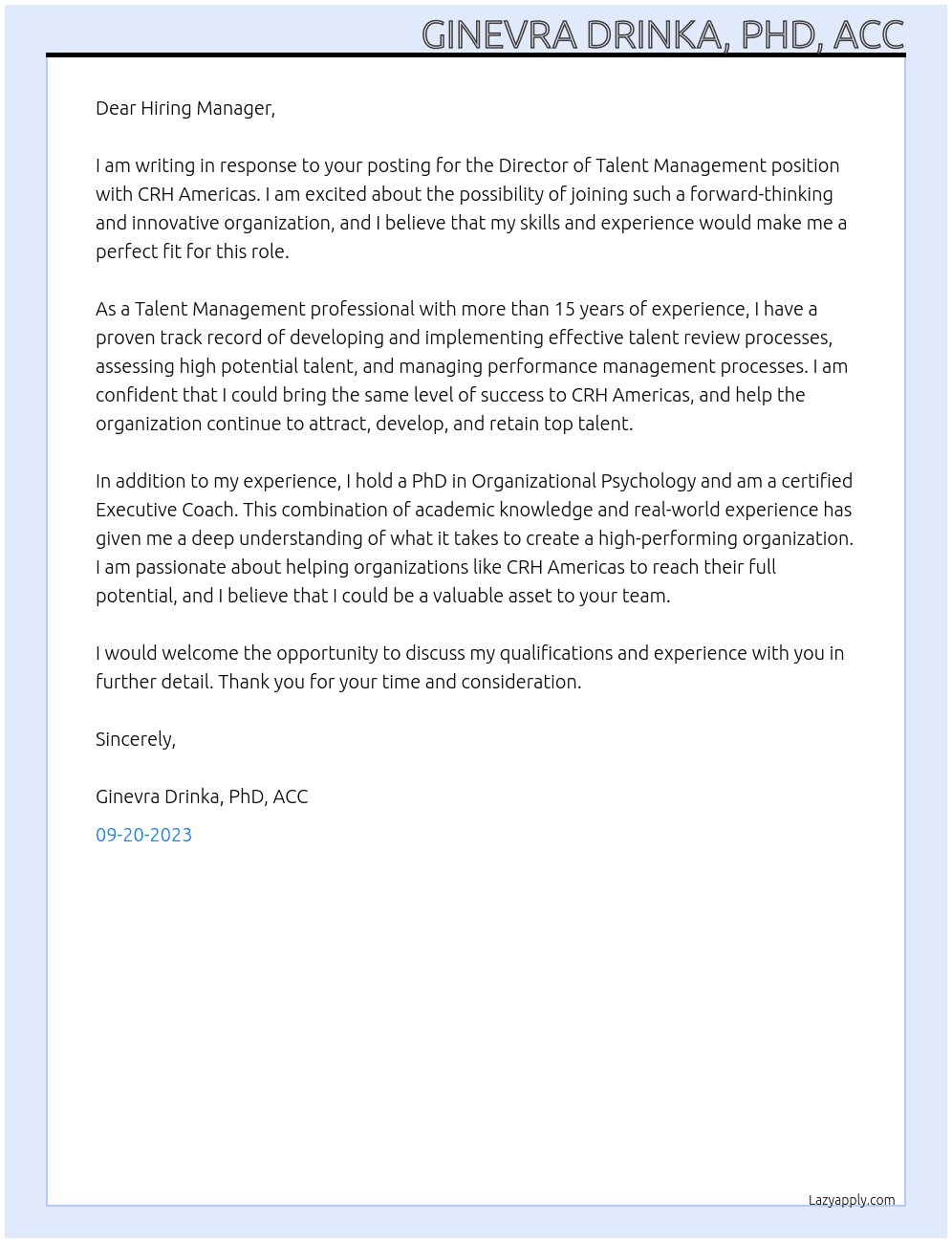 Director of Talent Management At CRH Americas Cover Letter