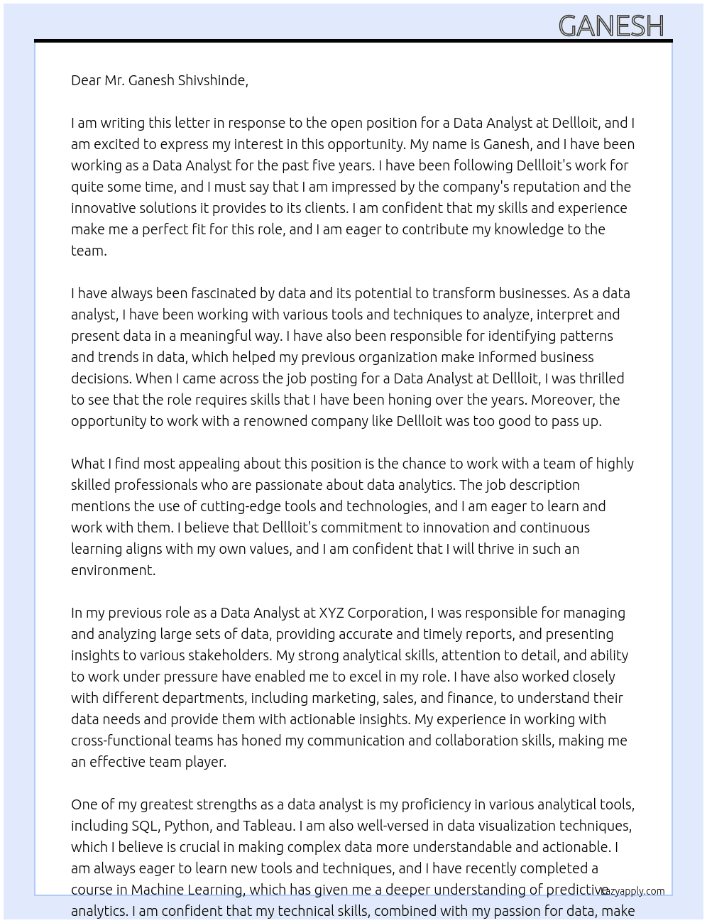 data anaylst At dellloit Cover Letter