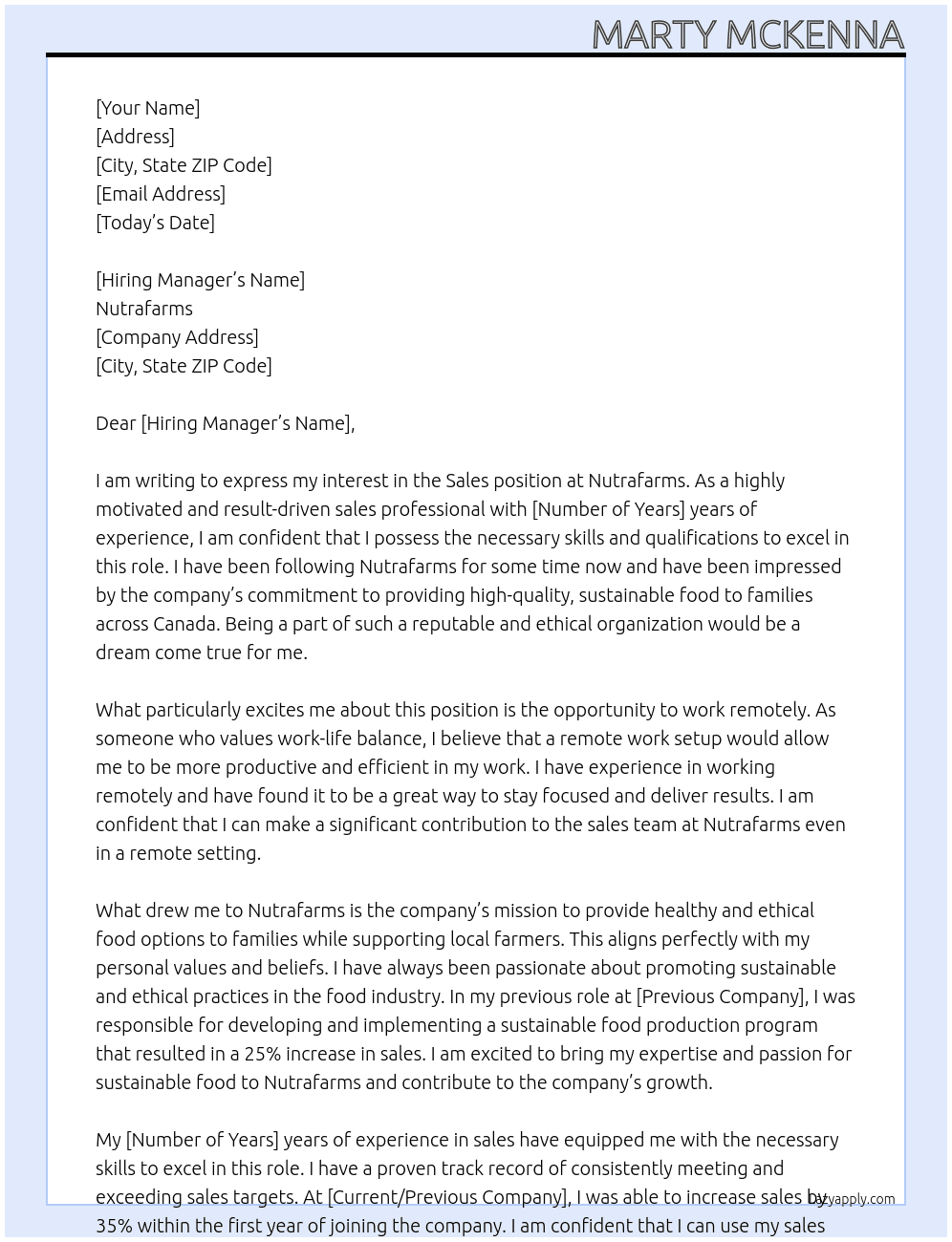 Sales At Nutrafarms Cover Letter