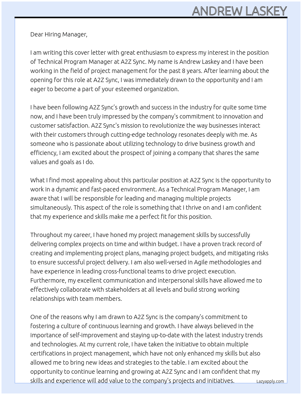 Technical Program Manager At A2Z Sync Cover Letter