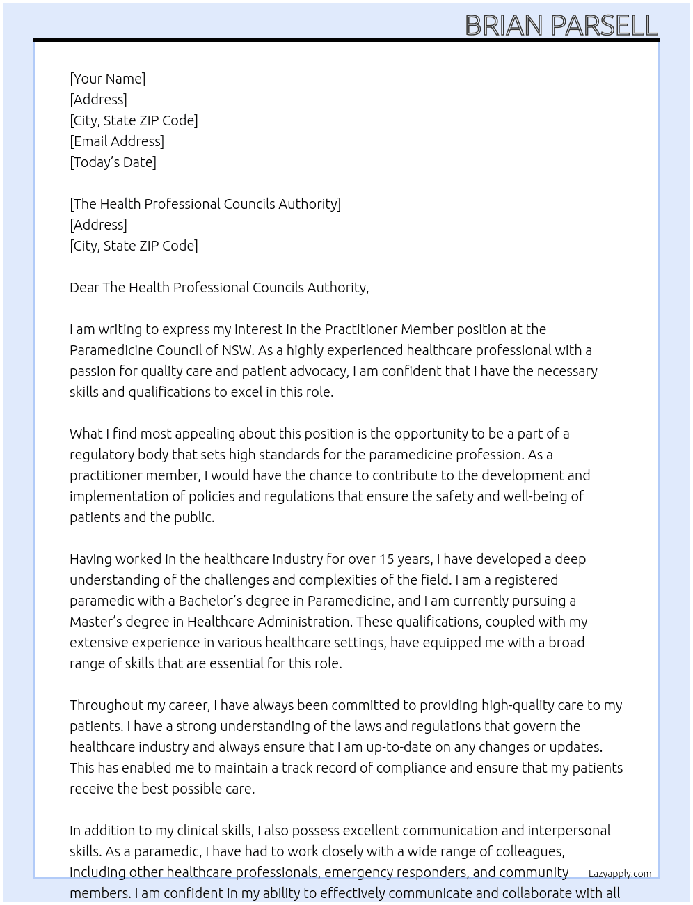 Practitioner Member  At Paramedicine Council of NSW  Cover Letter