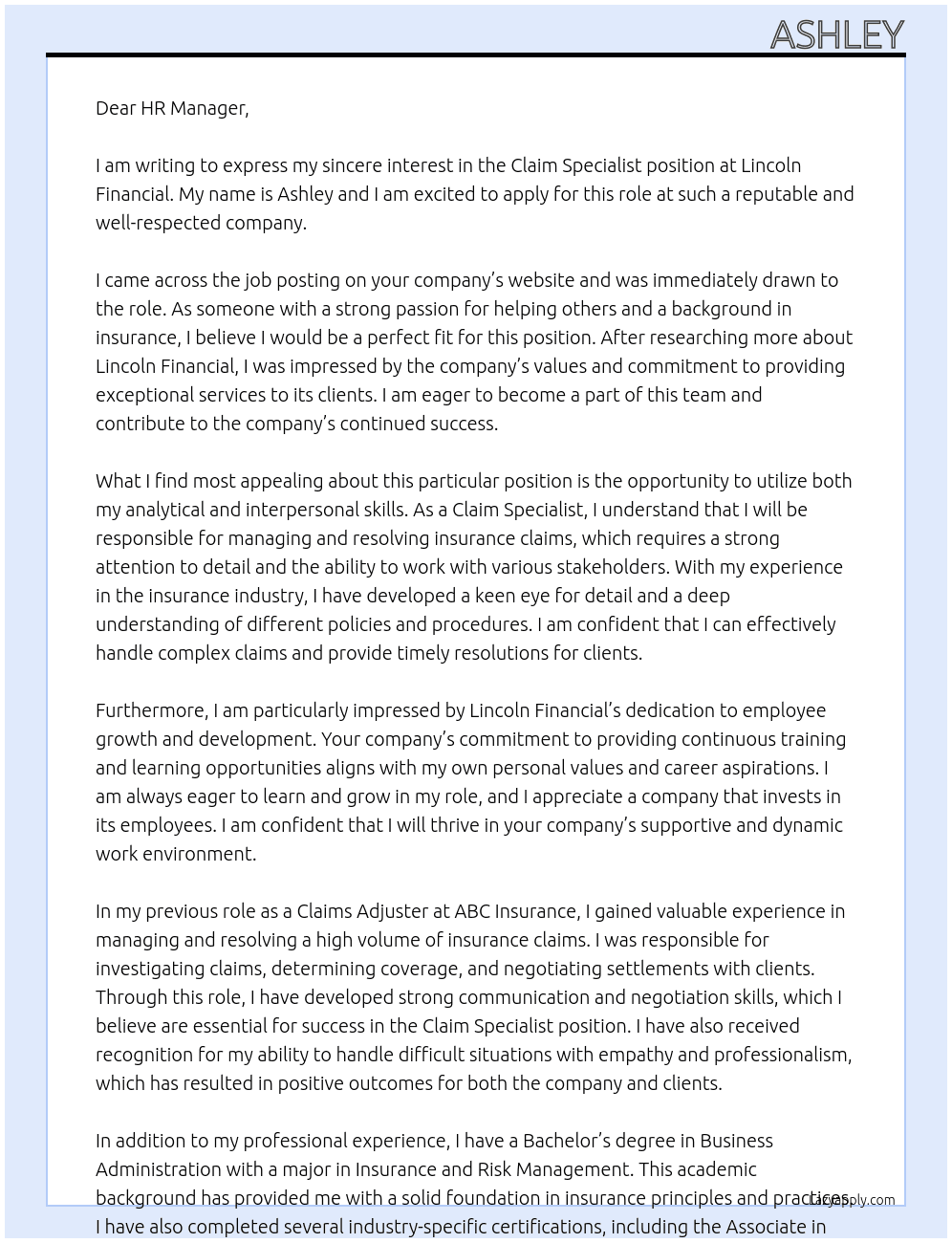 Claim Specialist  At Lincoln Financial  Cover Letter