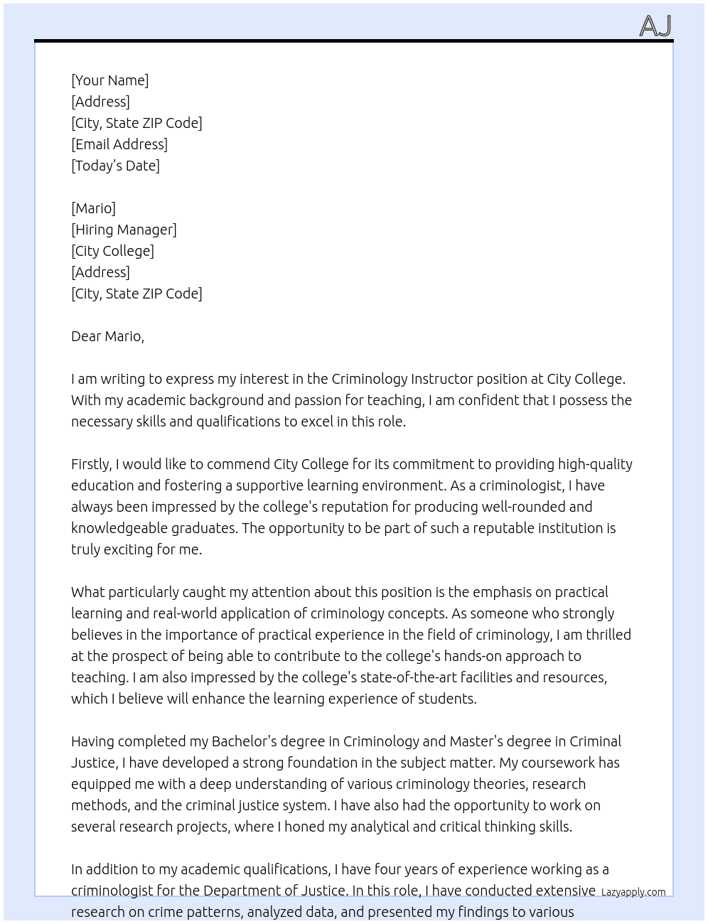 Criminology Instructor At City College Cover Letter