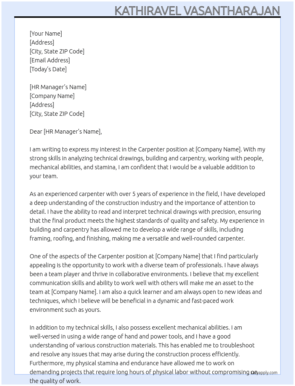 Carpenter At Company Cover Letter