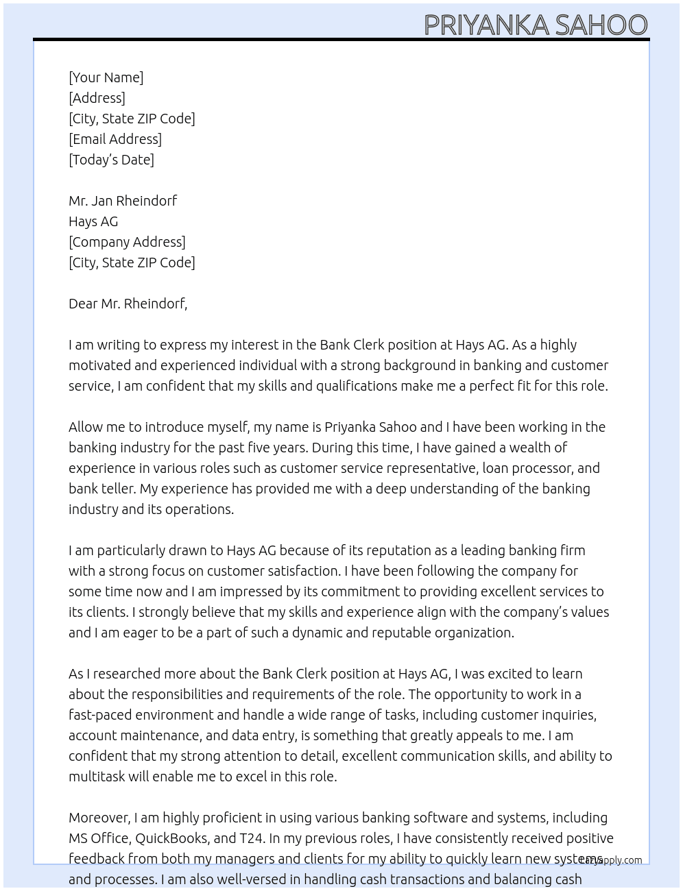 Bank Clerk At Hays AG Cover Letter