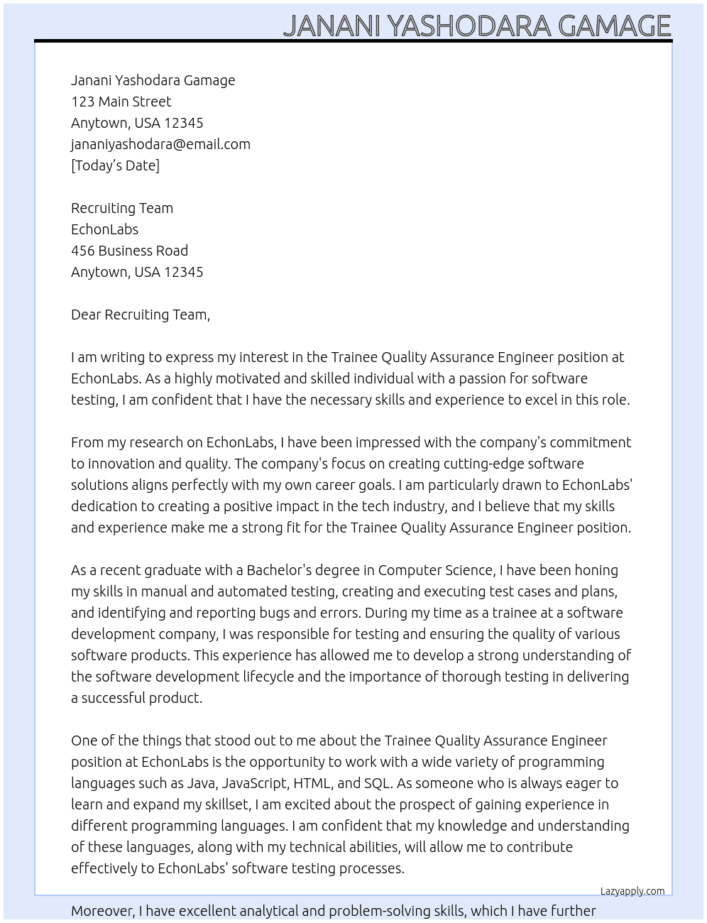 Trainee Quality Assurance Engineer At EchonLabs Cover Letter
