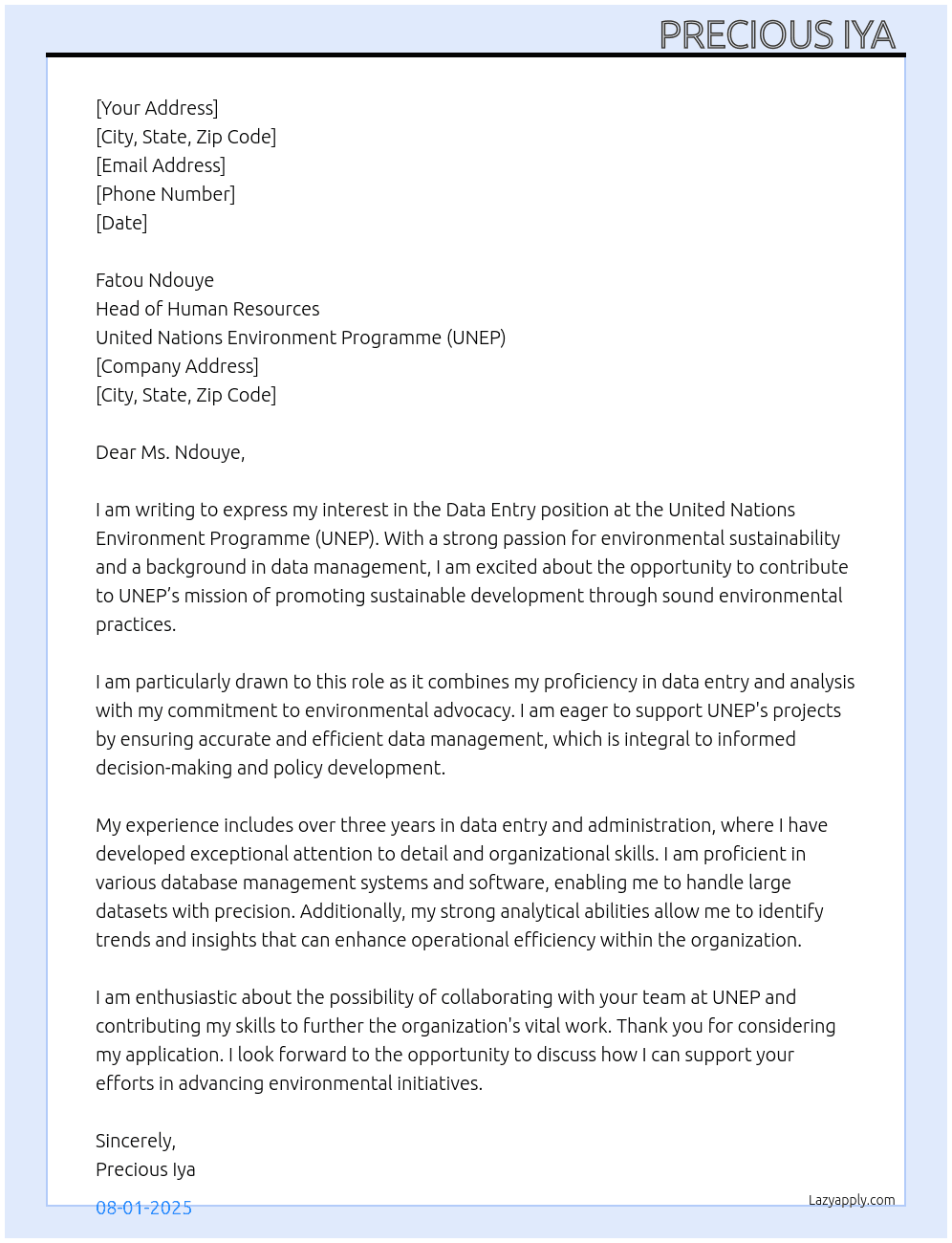 Data entry  At United Nations Environmental Programme  Cover Letter