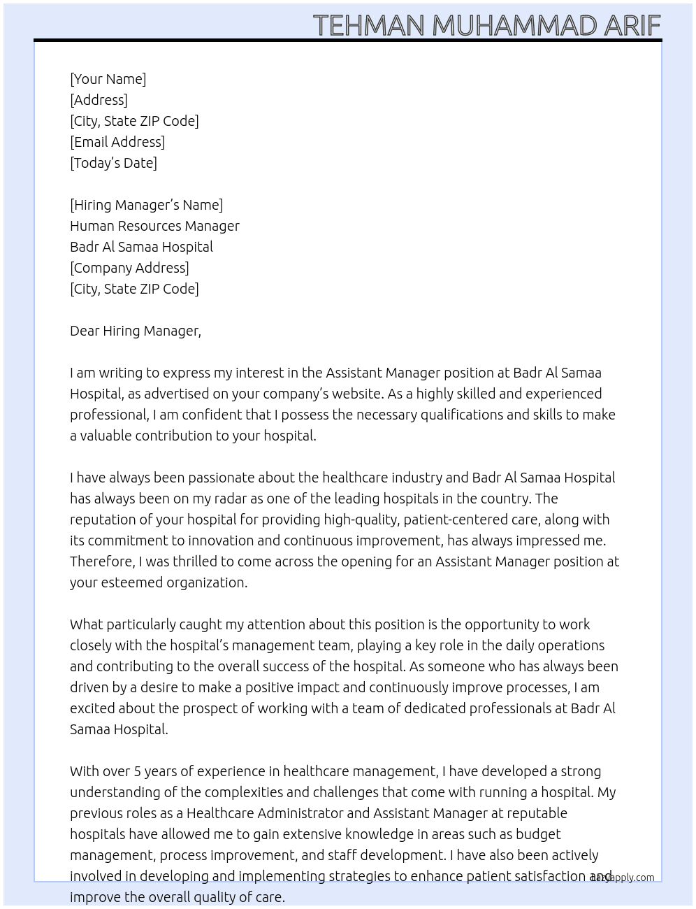 Assistant Manager At Badr Al Samaa Hospital Cover Letter