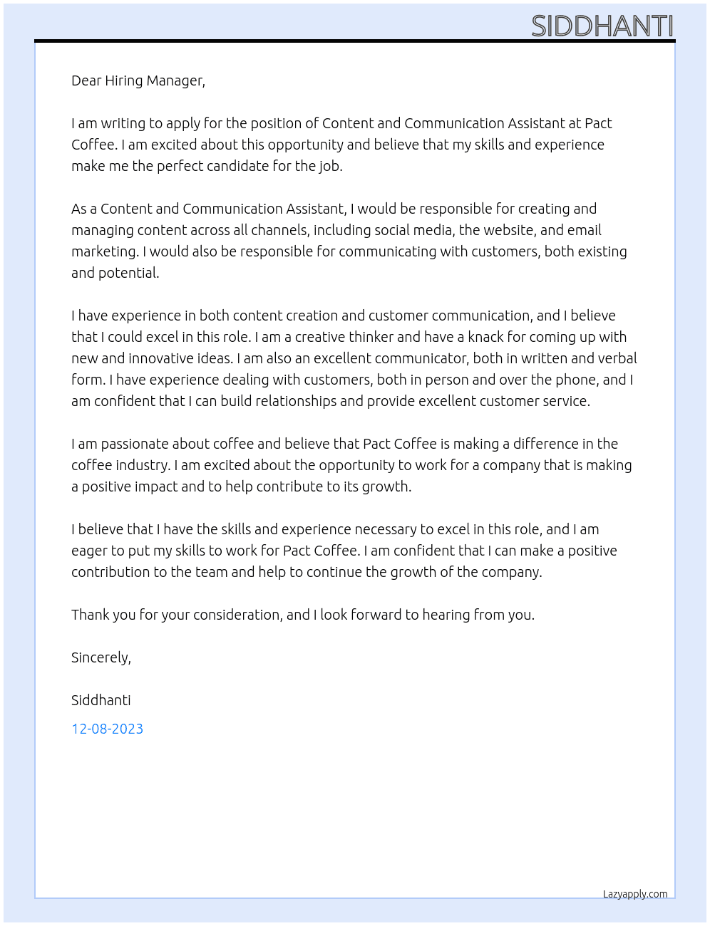 Content and communication assitant At Pact Coffee Cover Letter