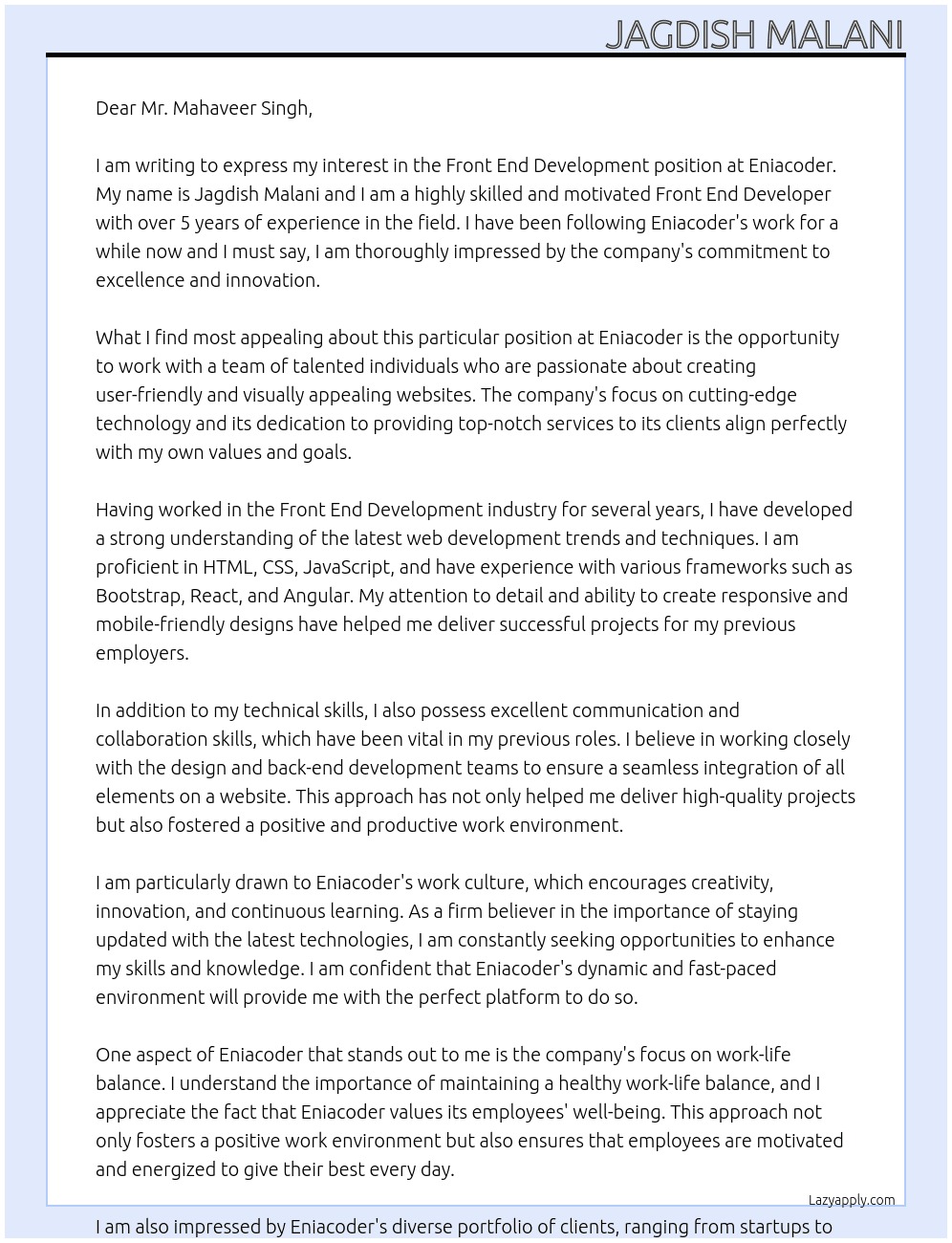 Front End Development  At Eniacoder Cover Letter