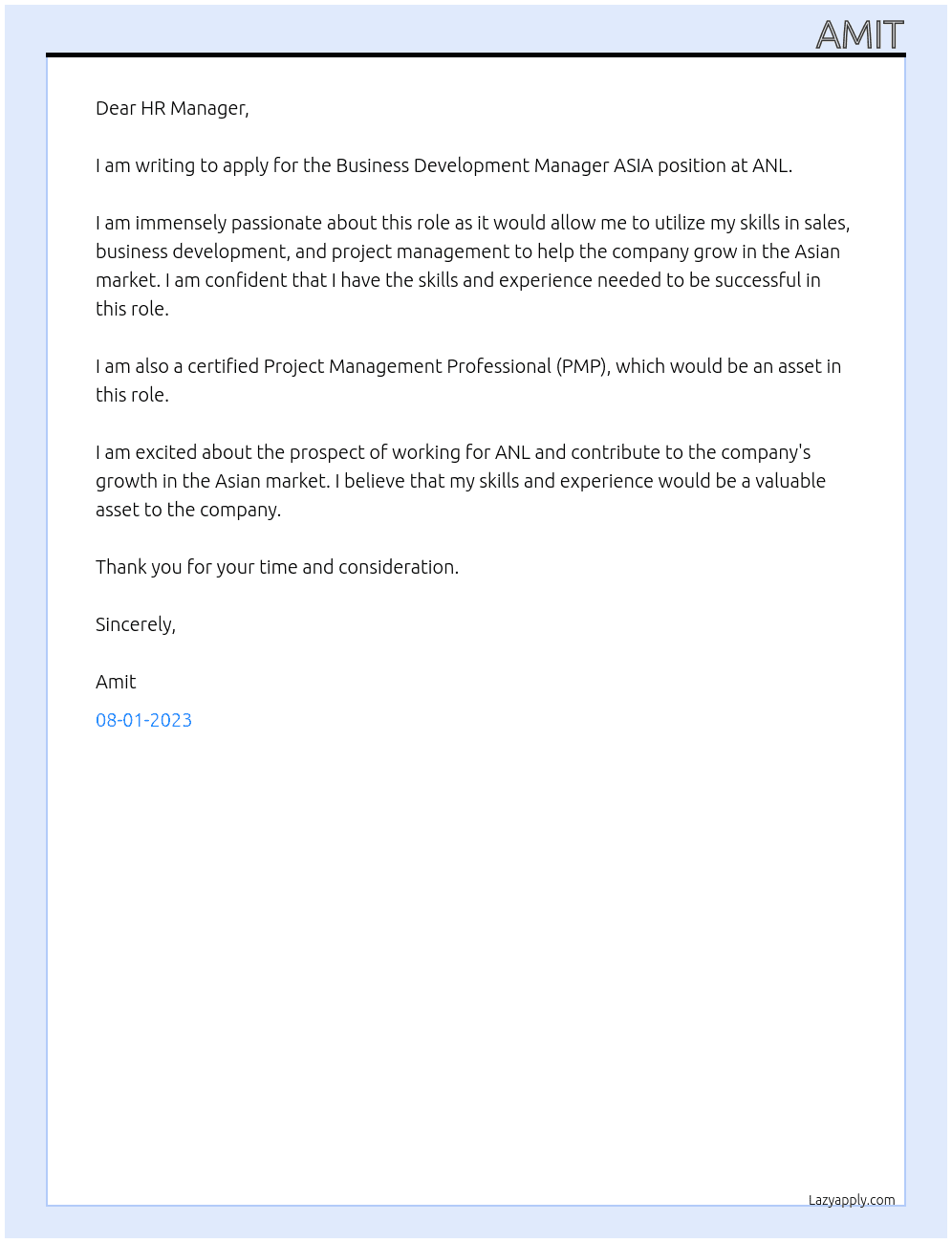 Business development Manager ASIA At ANL Cover Letter