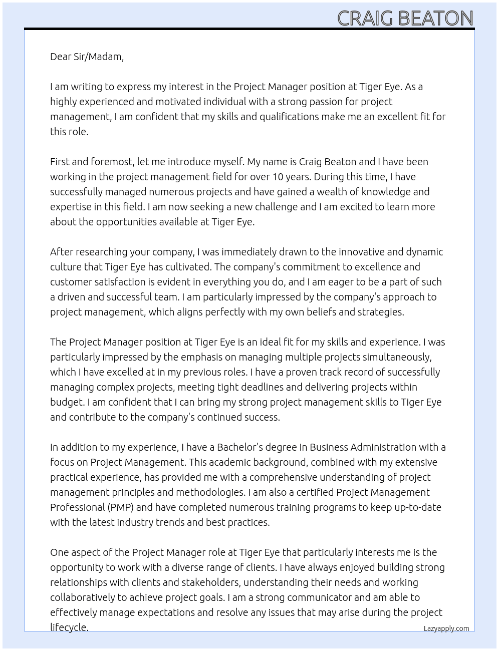 Project Manager At Tiger Eye  Cover Letter