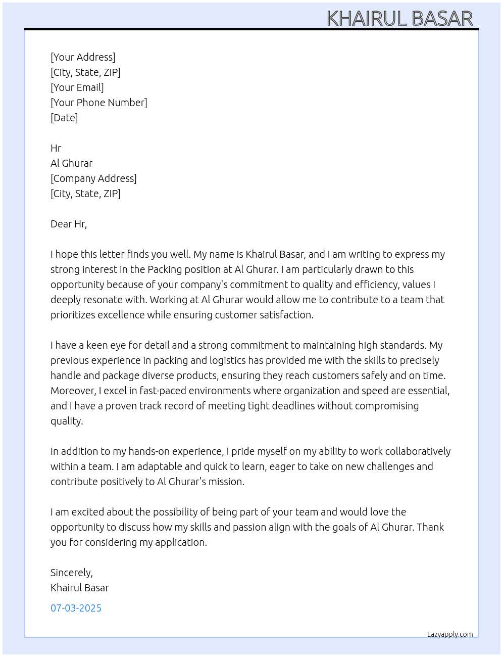 packing  At al ghurar  Cover Letter