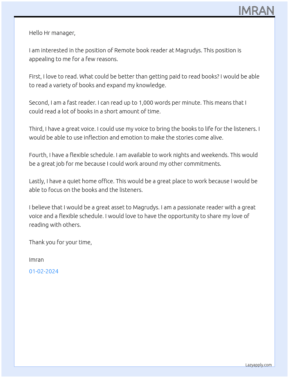 Remote book reading At Magrudys Cover Letter