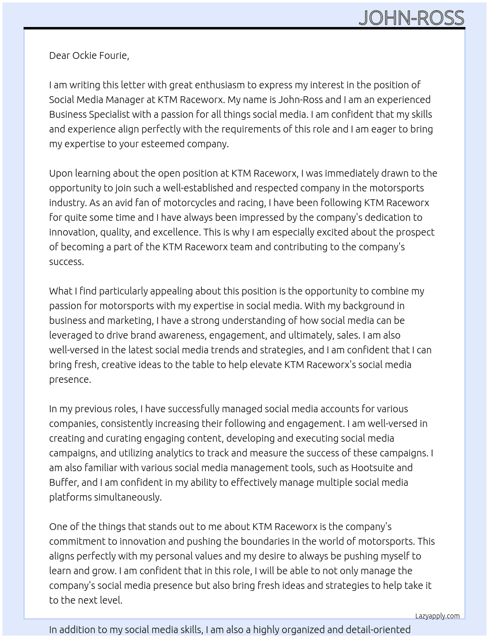 Social media manager At ktm raceworx Cover Letter